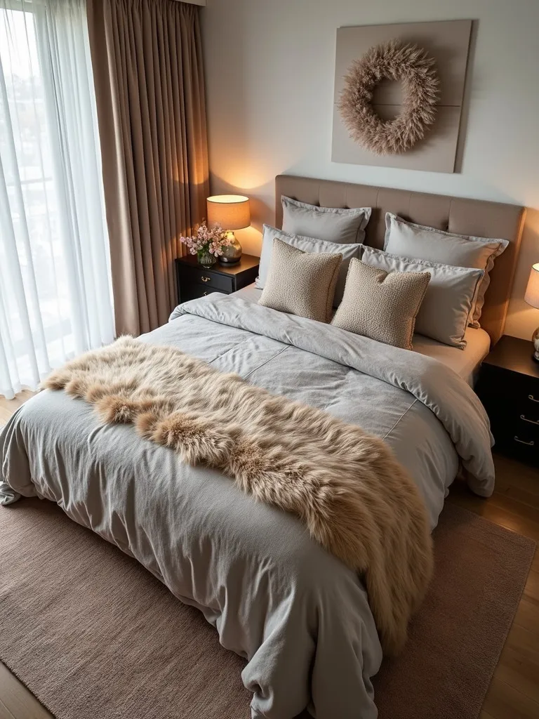 A bedroom featuring a mix of textures, including linen, velvet, wool, and faux fur on the bed and other surfaces, creating visual interest and tactile comfort