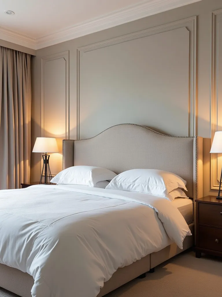 A bedroom with a shared headboard that complements the room’s style and provides a focal point