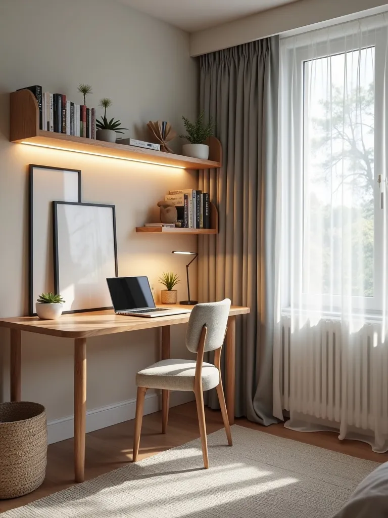 A bedroom with a small shared workspace, featuring a slim desk, wall-mounted shelving, and comfortable seating