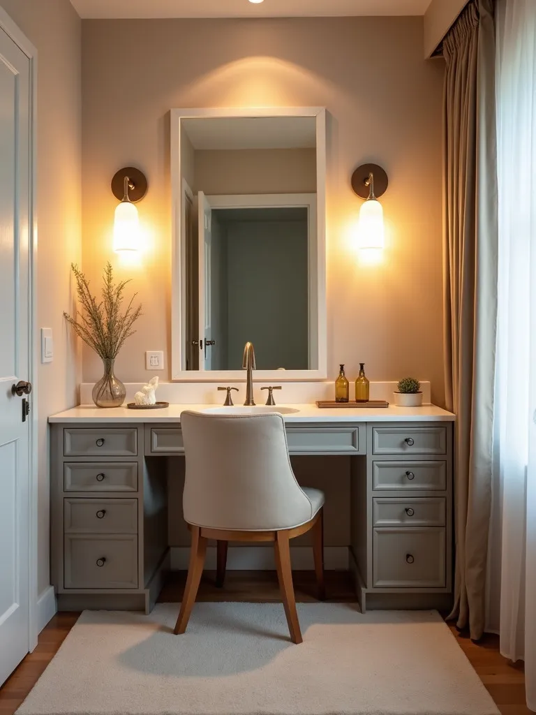 A bedroom with a shared vanity area, featuring a mirror, good lighting, drawer storage, and a stylish chair