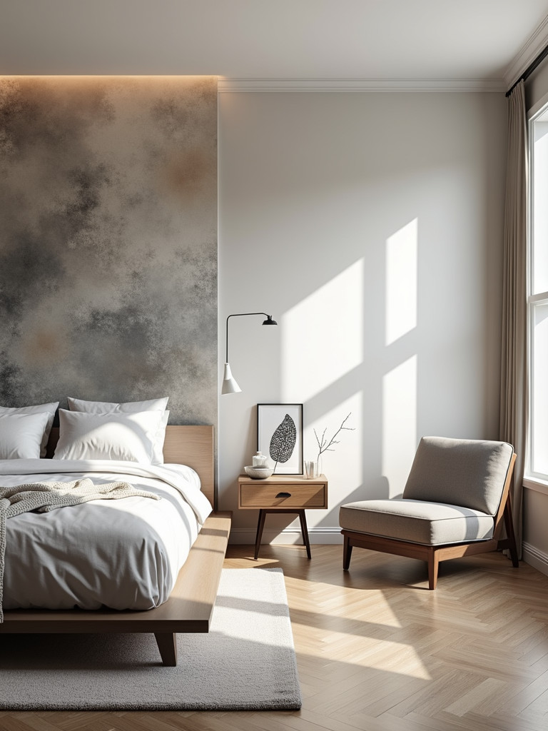 A modern bedroom featuring an abstract art wallpaper accent wall, complemented by minimalist decor and bright lighting.