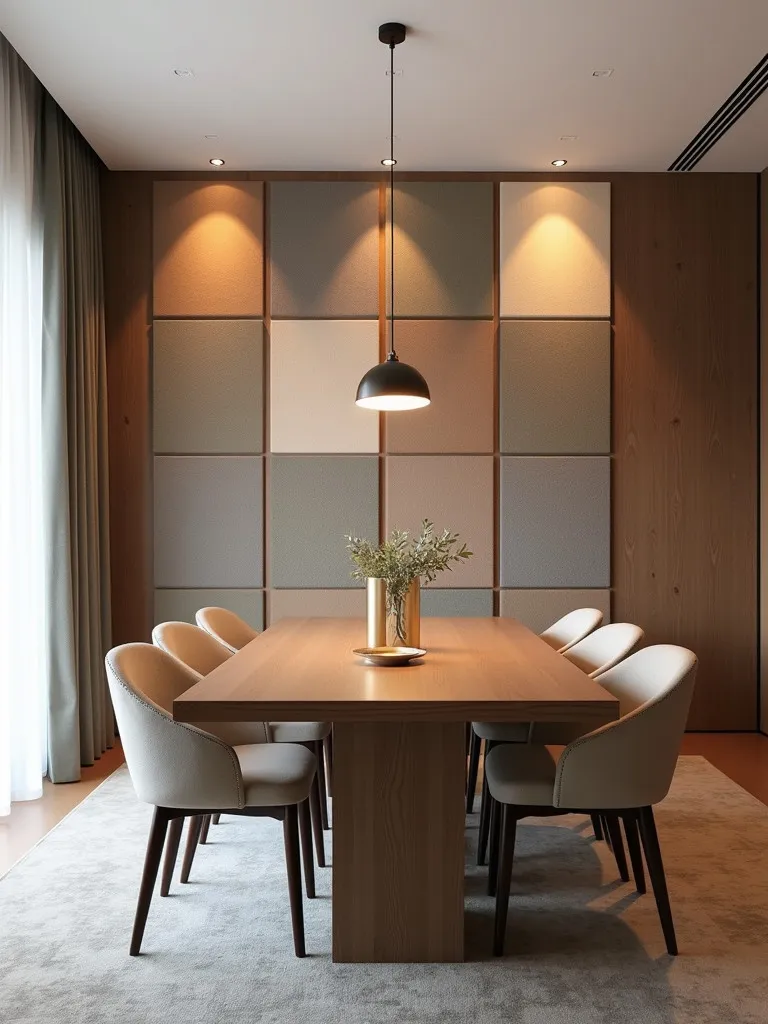Dining room with a wall of different colored acoustic panels
