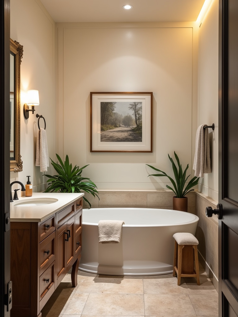 Stylish bathroom with personal touches such as framed art and decorative accessories