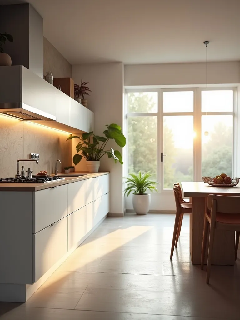 A kitchen with lots of natural light and strong undercabinet lighting.