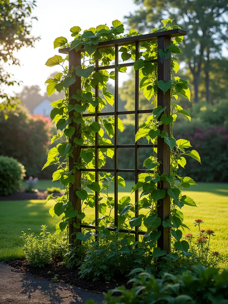 Climbing plants on a trellis structure in front yard