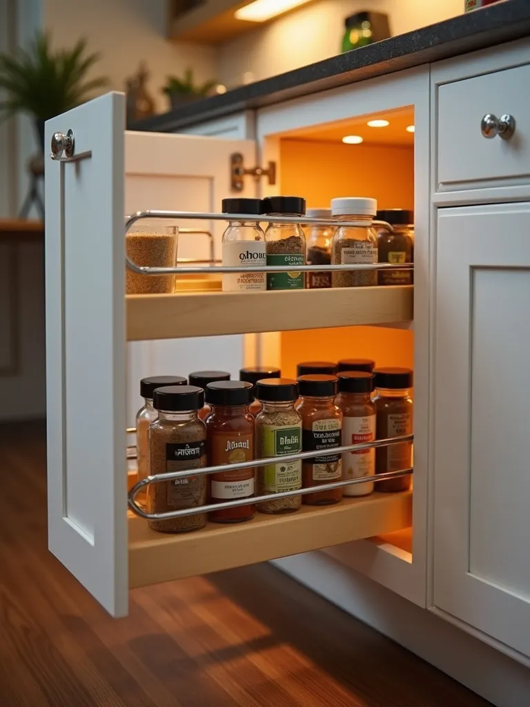 Close up of spice rack pulled out and organized.