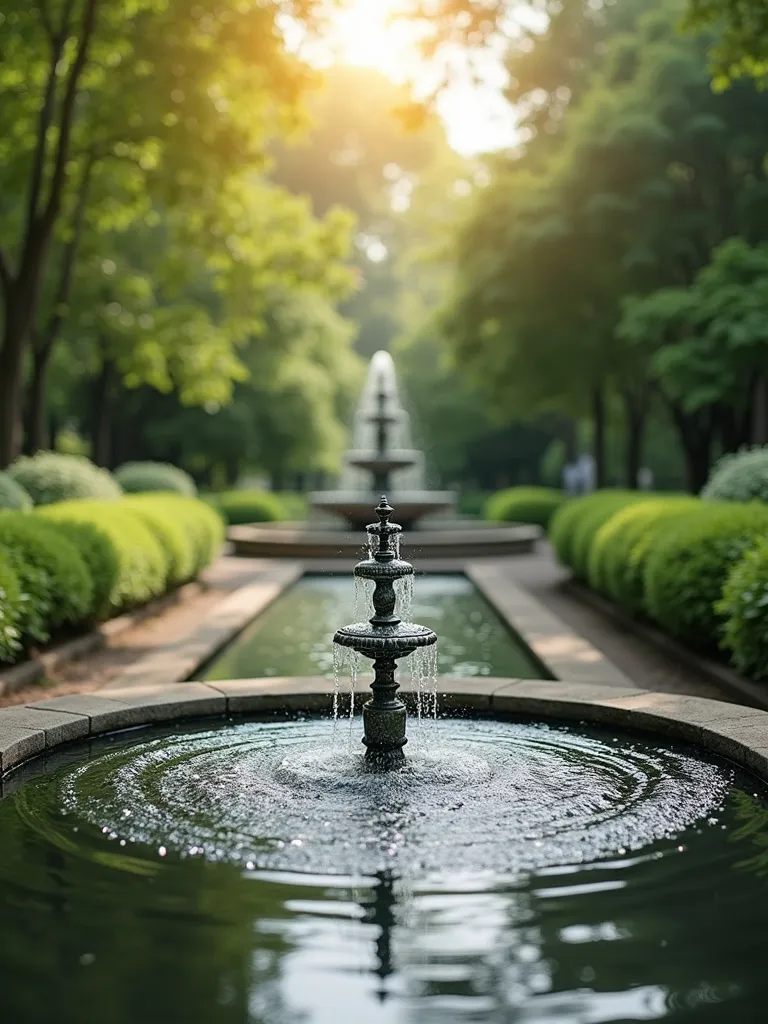 Small fountain in a lush garden setting