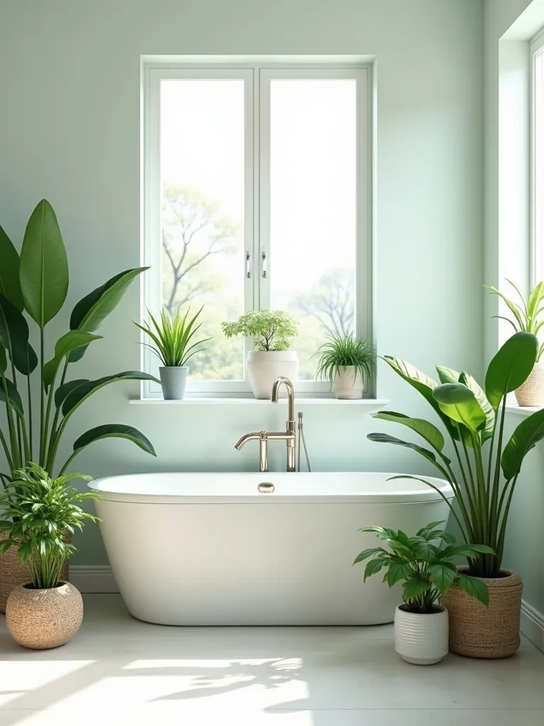 A refreshing bathroom with indoor plants and natural light