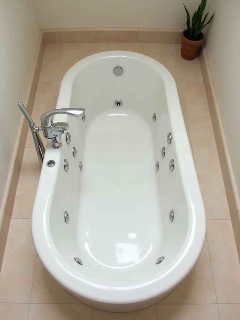 A luxurious bathroom with a tub featuring integrated jets and ambient lighting