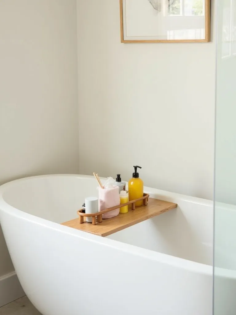 A well-organized bathtub with a stylish caddy and warm lighting