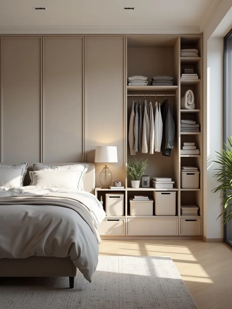 A bedroom with integrated storage solutions such as under-bed storage, built-in shelving, and a wardrobe