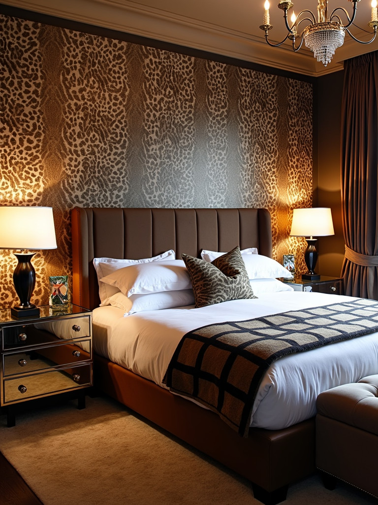 A bold bedroom featuring an animal print wallpaper accent wall, complemented by luxurious furnishings and dramatic lighting.