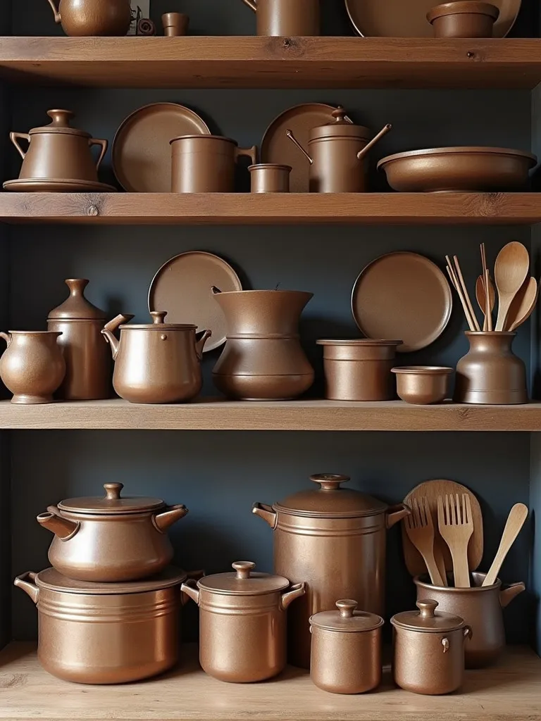A kitchen display featuring a variety of antique brown kitchen accessories.