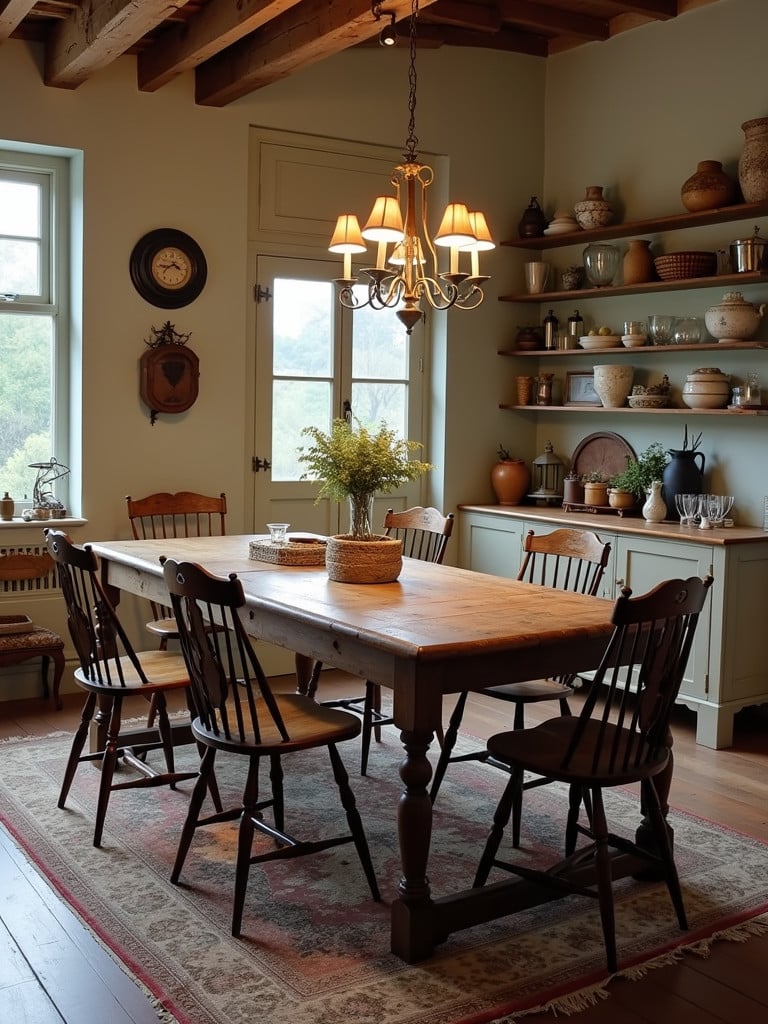 An antique farmhouse kitchen table in a vintage-style setting.