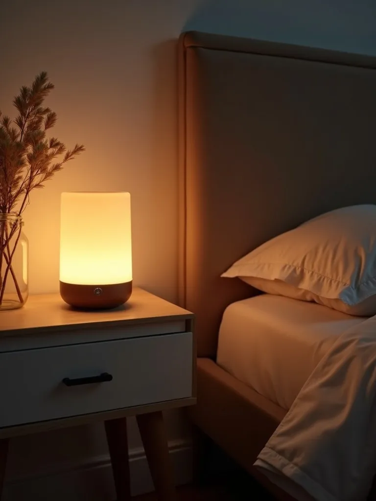 A bedroom with an essential oil diffuser on a nightstand, providing a relaxing ambiance through aromatherapy