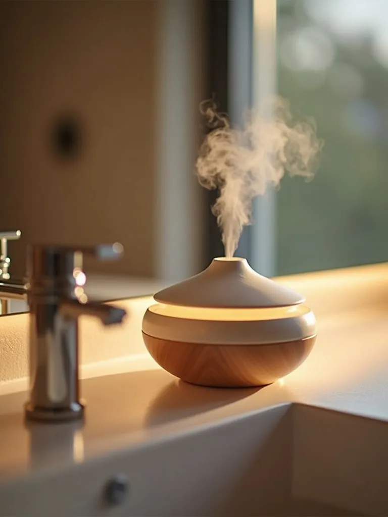 A modern bathroom countertop with a ceramic essential oil diffuser emitting steam