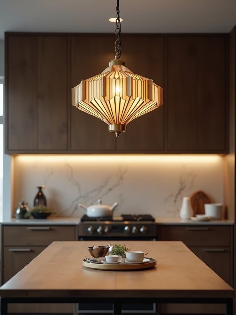 A modern kitchen with an art deco light fixture hanging over the table.