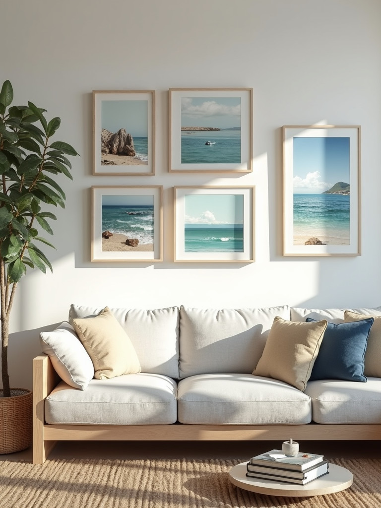 A wall showcasing a collection of beach-themed artwork in a coastal style living room