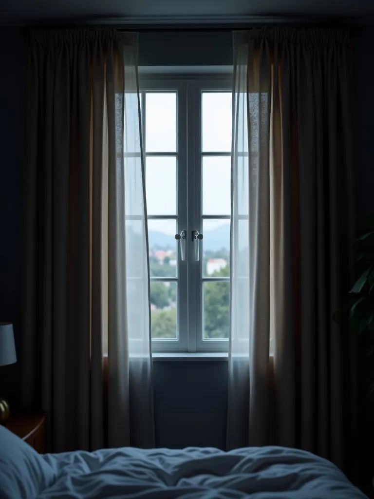 A bedroom with closed blackout curtains, creating a dark and peaceful space for better sleep