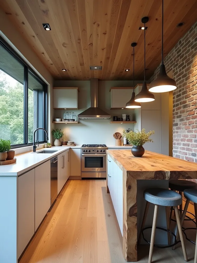 A modern kitchen with wooden counters and reclaimed brick accents