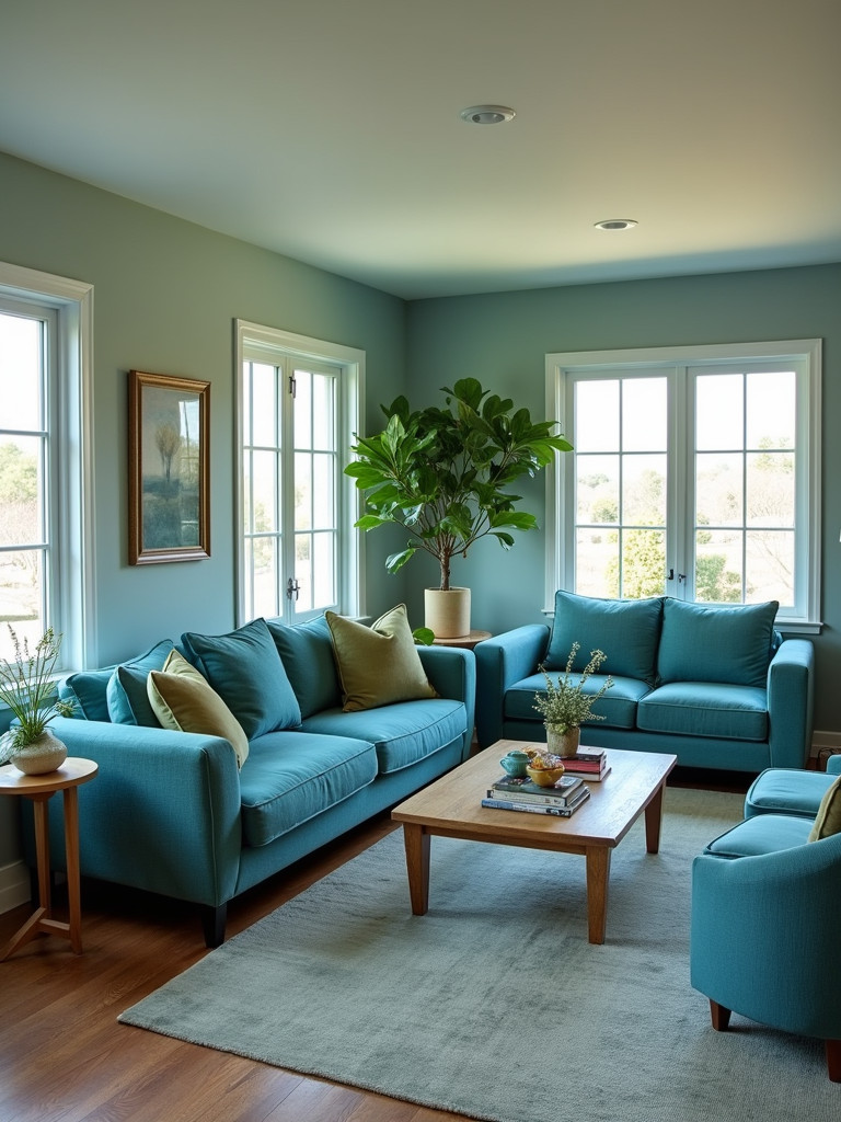 A living room that incorporates various shades of blue and green to enhance a coastal theme