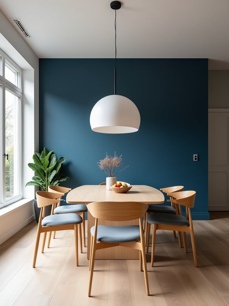 A dining room featuring a deep blue accent wall, contrasting light wood furniture and a round pendant light above the table.