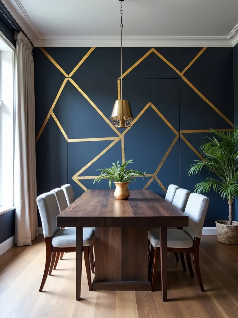 Contemporary dining room with a bold geometric accent wall featuring navy blue and gold triangles