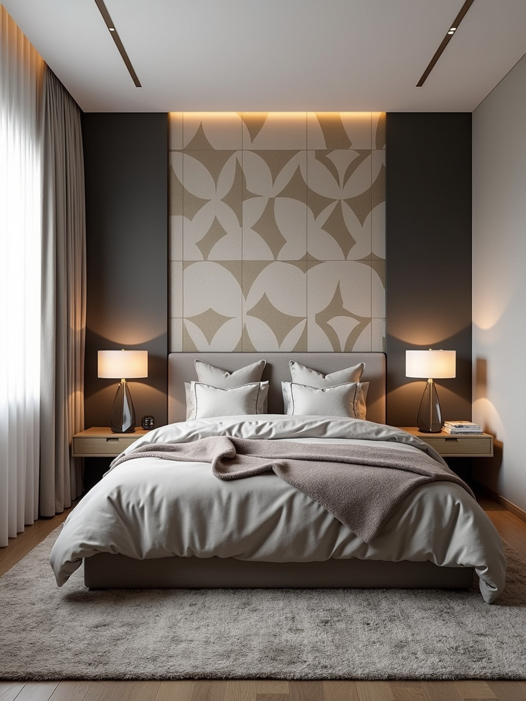 A modern bedroom featuring a bold geometric patterned wallpaper accent wall, complemented by neutral bedding and soft lighting.