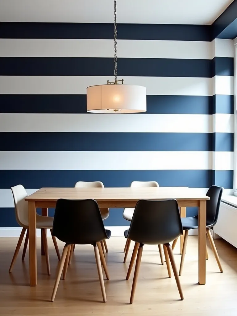 Dining room with a bold navy blue and white horizontal striped accent wall