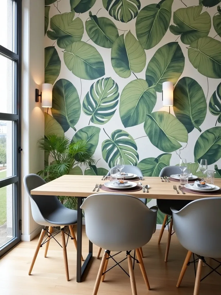 Dining room with a large green leaf botanical print wallpaper accent wall