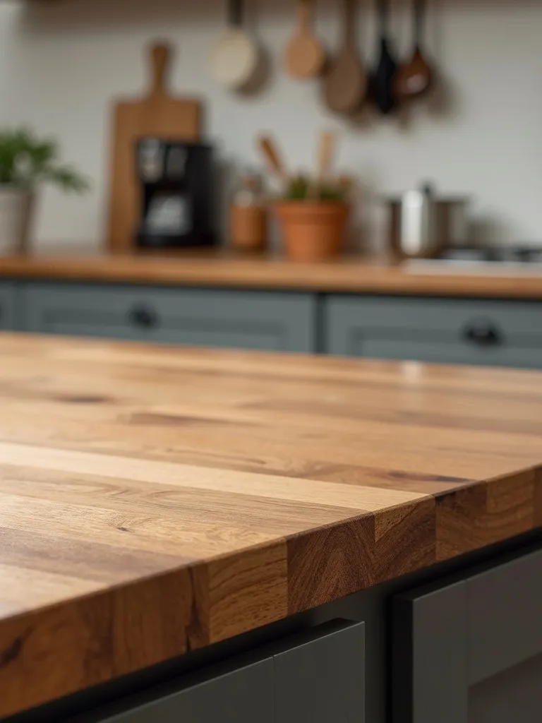 A section of a kitchen counter with a brown butcher block surface.