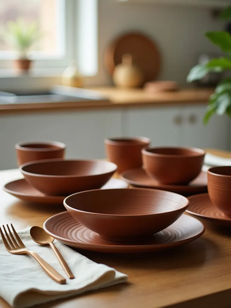 A kitchen table setting featuring brown ceramic dishes and bowls.