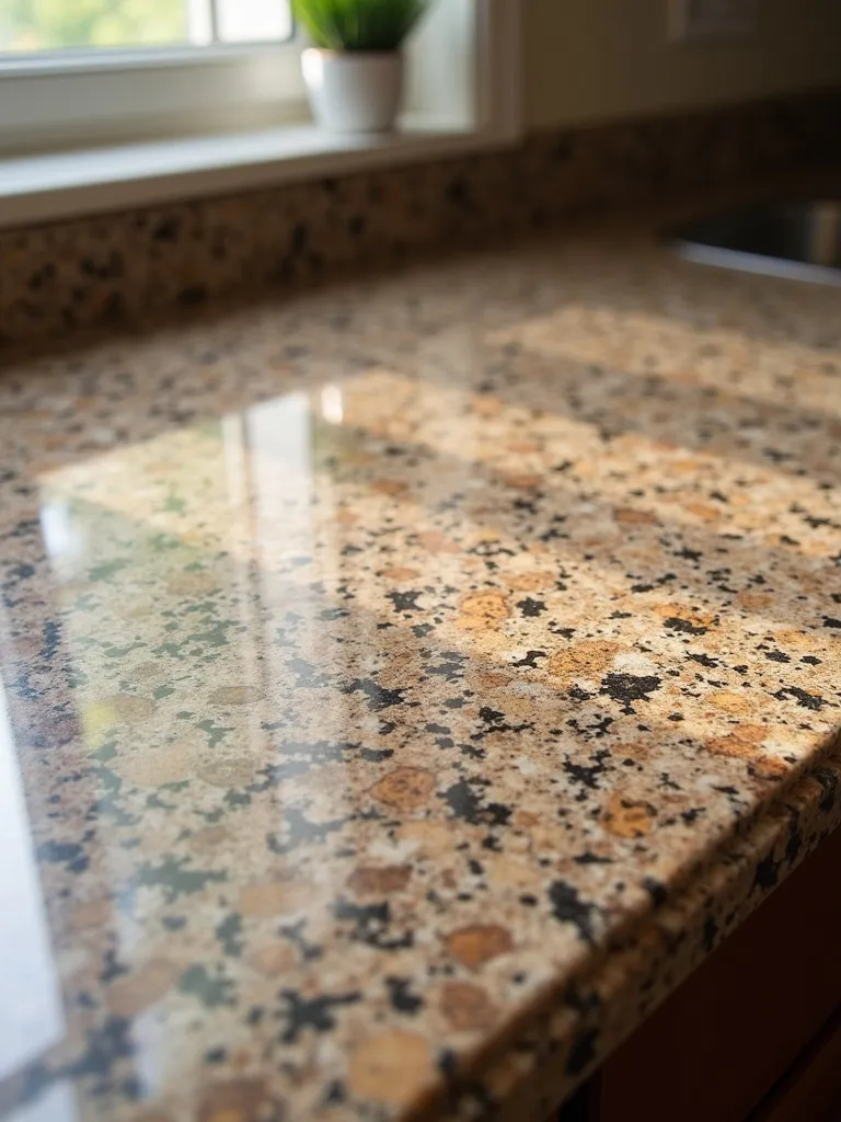 A close-up of a brown granite countertop.