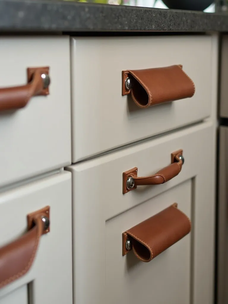 Brown leather drawer pulls on kitchen cabinets.