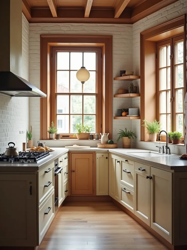 A kitchen with brown painted window frames.