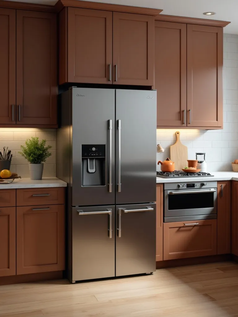 A kitchen featuring brown stainless steel appliances.