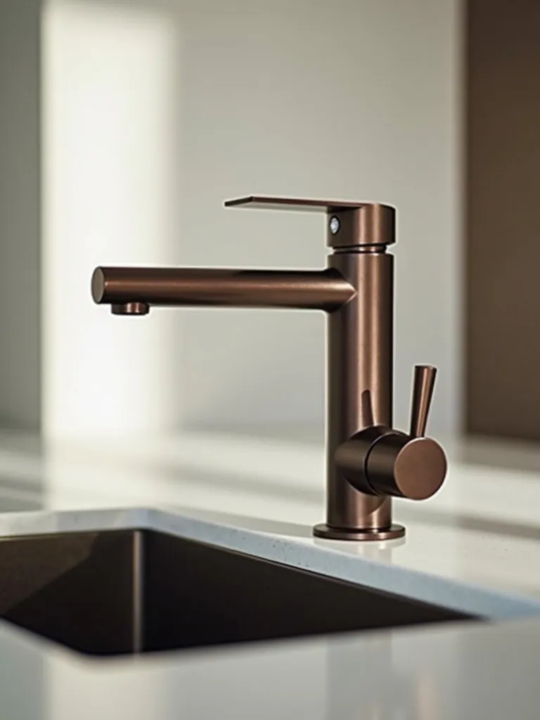 A close-up of a brown-toned faucet and kitchen sink.
