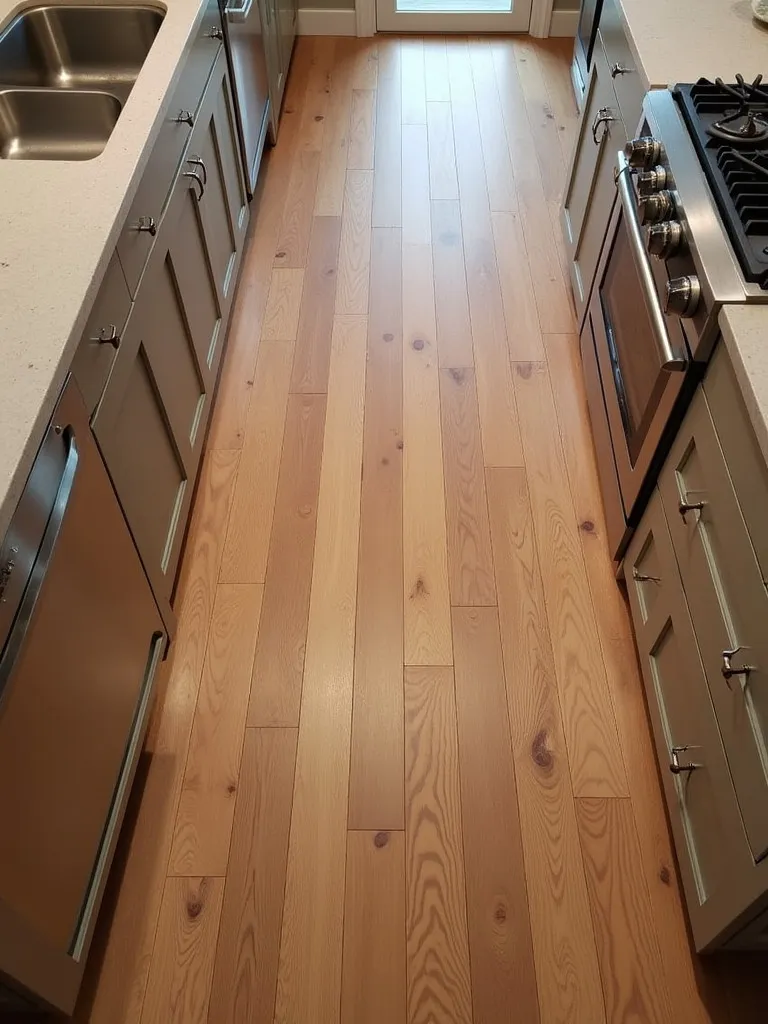 A kitchen with brown wood grain flooring.