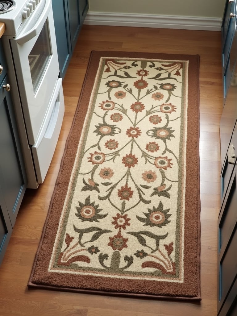 A brown and beige rug on a kitchen floor.
