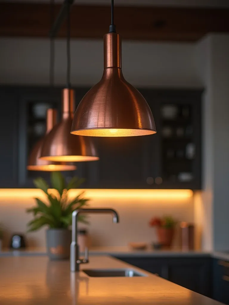 Brown and copper pendant lights hanging above a kitchen island.