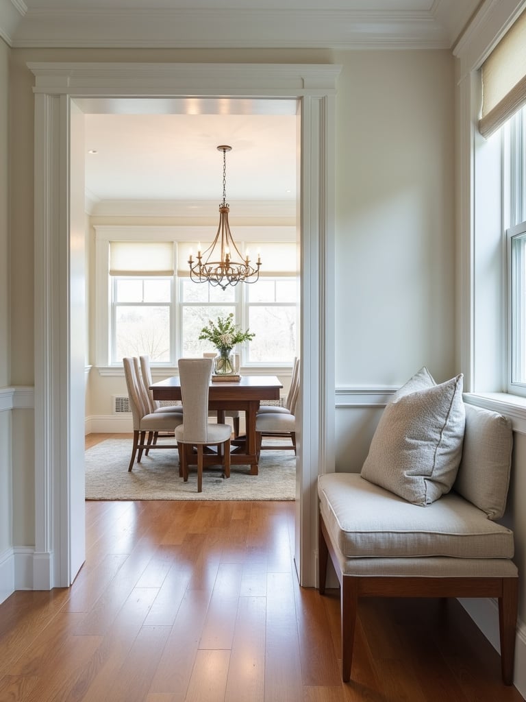 A well-lit open concept dining room with a custom, cushioned banquette and assorted decorative pillows.