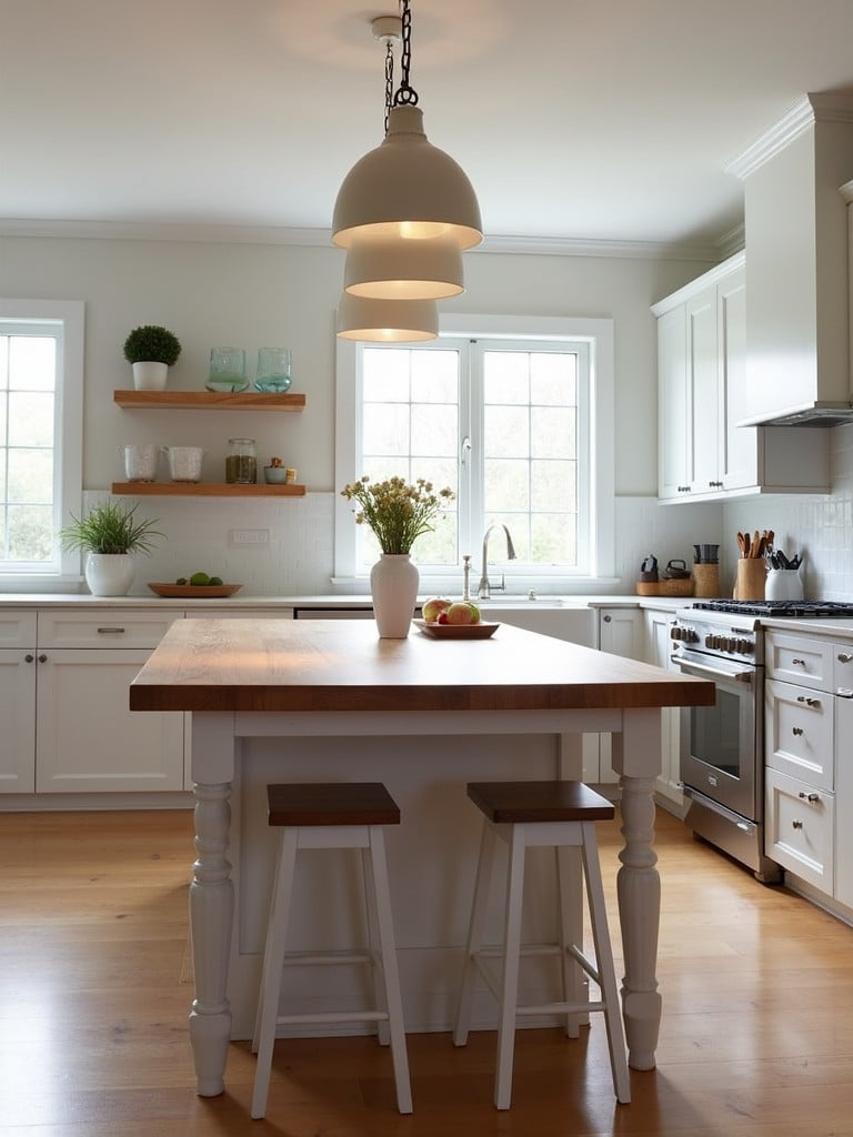 A butcher block top farmhouse table in a modern kitchen setting.