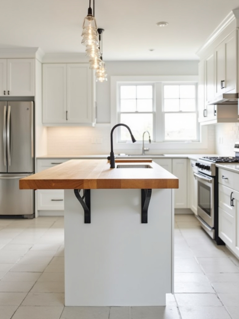 A golden brown butcher block countertop supported by metal brackets as a kitchen island.