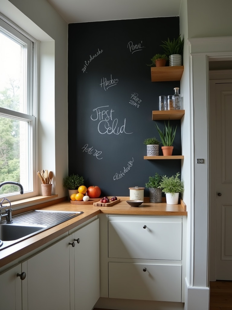 A small kitchen corner with chalkboard contact paper on the wall, used for messages
