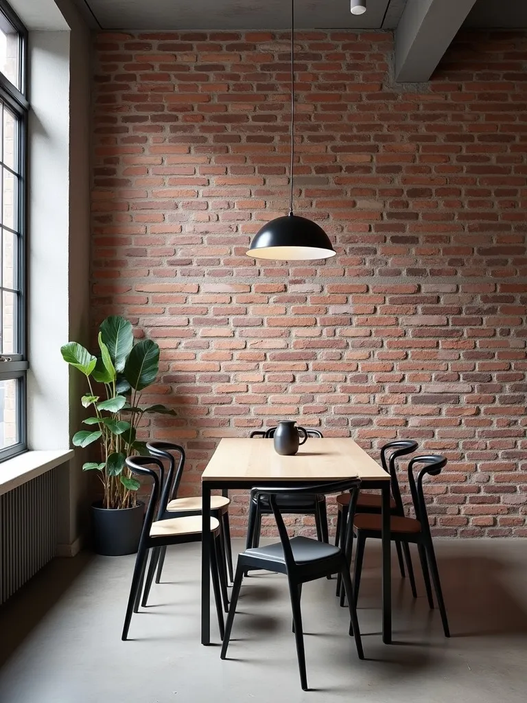 Chic dining room with an exposed brick accent wall with varied shades of red and grey