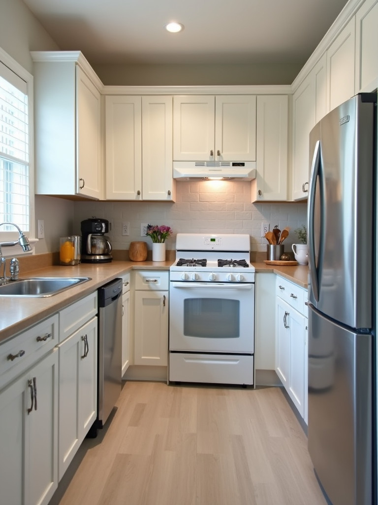 Small kitchen with compact appliances, including a smaller refrigerator and slimline dishwasher, displaying efficient use of space.