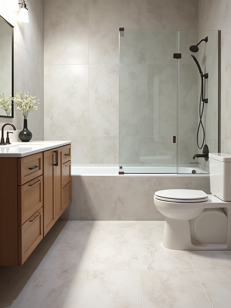 An eye level showcasing different durable bathroom material samples like porcelain floor tiles and quartz countertops.