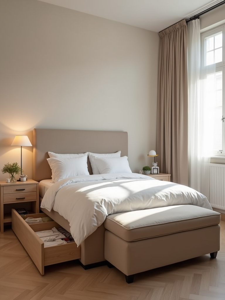 A tidy small bedroom with multifunctional furniture including bed with storage drawers and an ottoman.