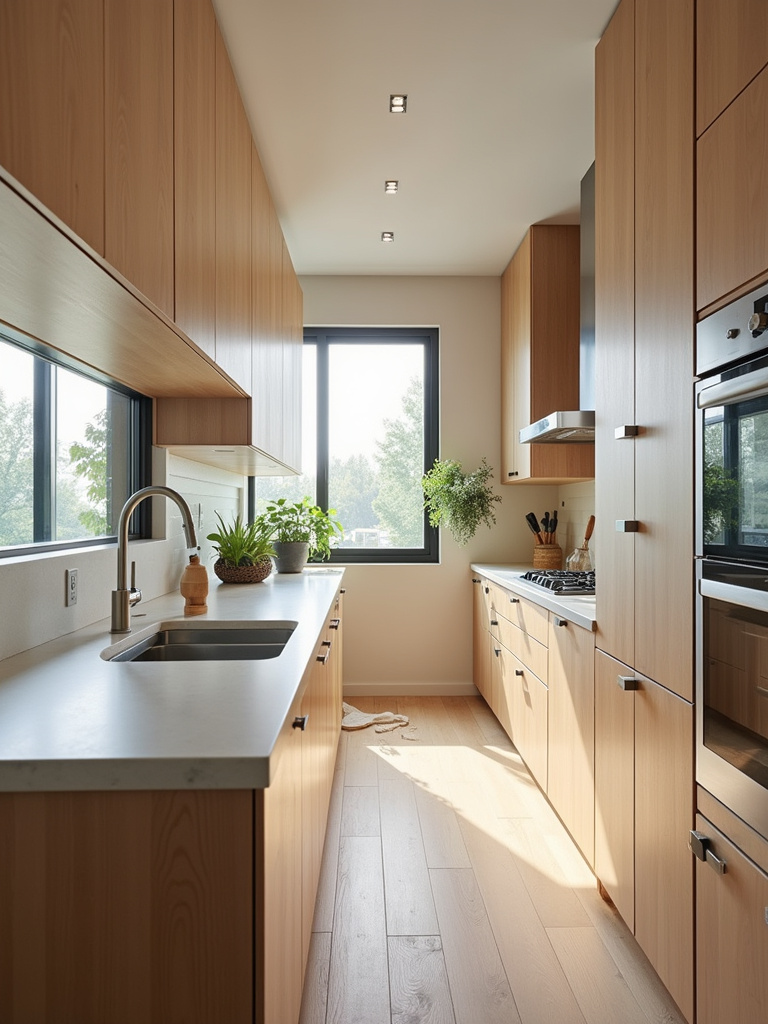 Wood cabinets made from sustainable materials, wide shot.