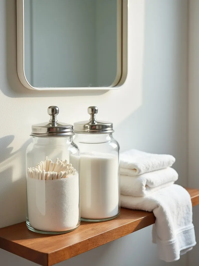 A set of clear glass canisters filled with bath salts and cotton swabs on a wooden shelf
